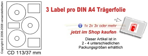 CD 113/37 mm - 3 Etiketten pro DIN A4 Blatt - weiss