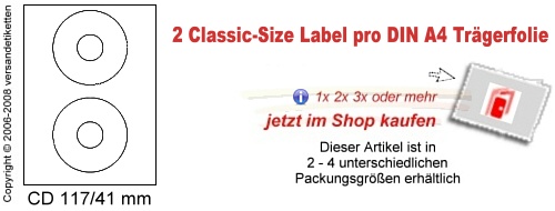 CD 117/41 mm - 2 Etiketten pro DIN A4 Blatt - weiss