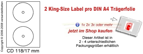 CD 118/17 mm - 2 Etiketten pro DIN A4 Blatt - weiss